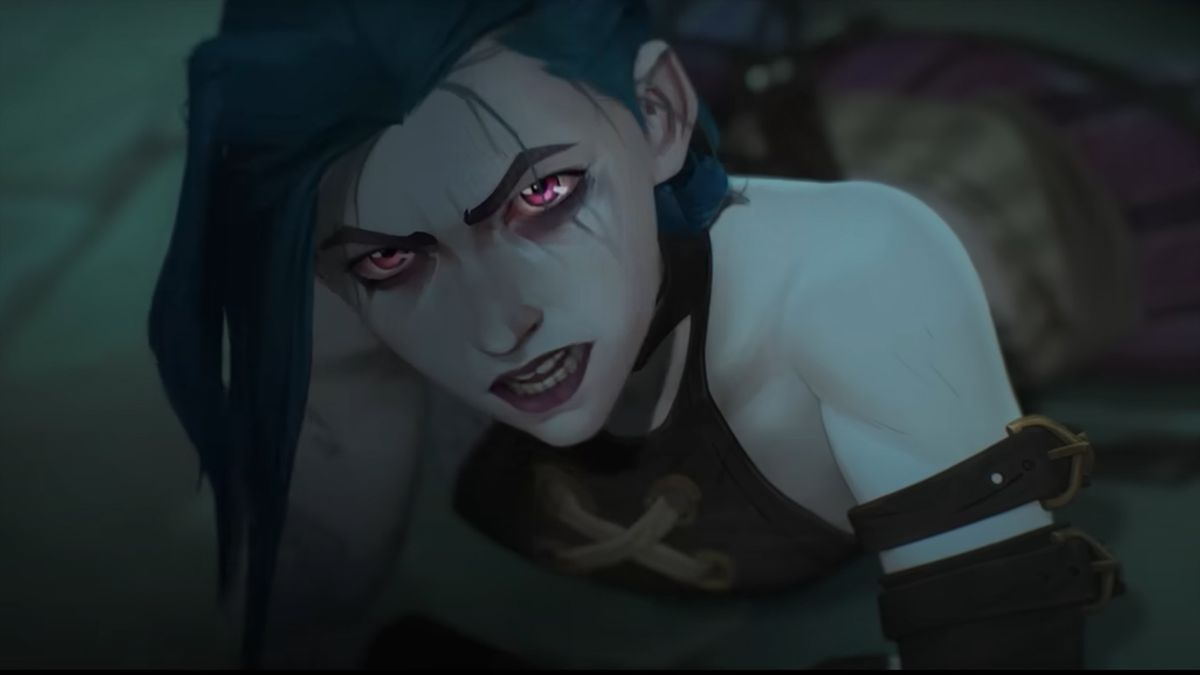 Jinx looks annoyed as she looks up at someone in Arcane season 2