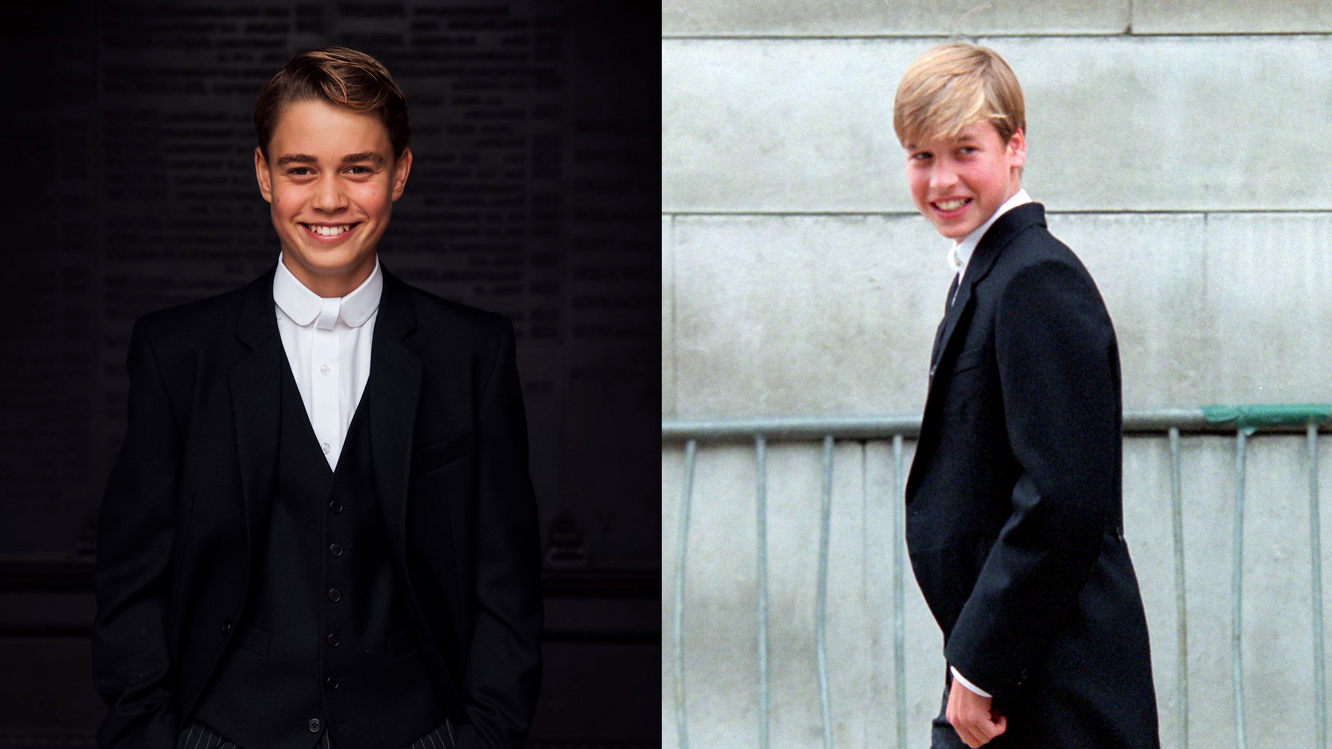 A split image of Prince George and Prince William on their first days at Eton College