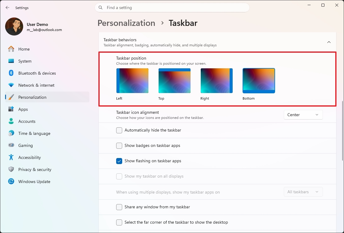 Settings window for taskbar personalization in Windows. Options include taskbar position, icon alignment, and visibility features.