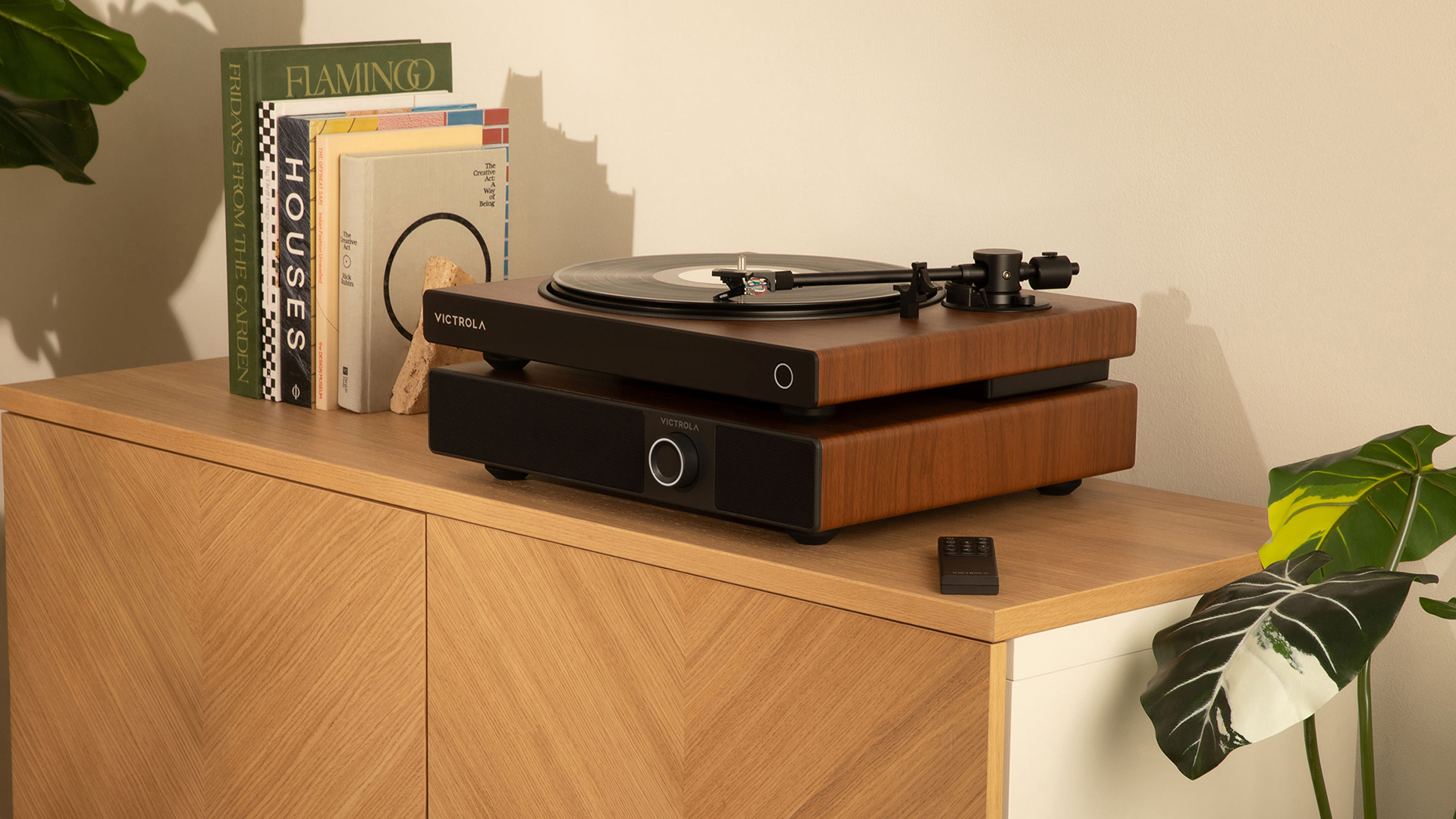 Victrola Wave turntable sitting on top of Soundstage speaker unit