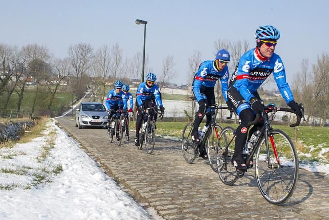 Garmin-Sharp riders check out the Haaghoek sector of pave.