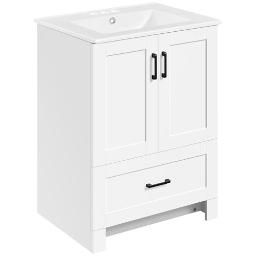 Yaheetech 24.5&quot; Modern Bathroom Vanity With Ceramic Basin, Undermount Vanity Sink Cabinet With 2 Doors and 1 Drawer, Free Standing Bathroom Storage Cabinet With Sink Combo Set, White