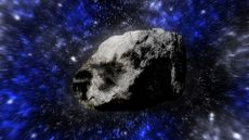 A rendering of an asteroid flying through space