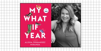 Alisha Fernandez Miranda next to the book My What If Year on a grid background