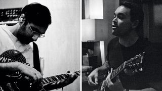 A black-and-white portrait of Deafheaven's Shiv Mehra [left] and Kerry McCoy playing guitar in close-up.