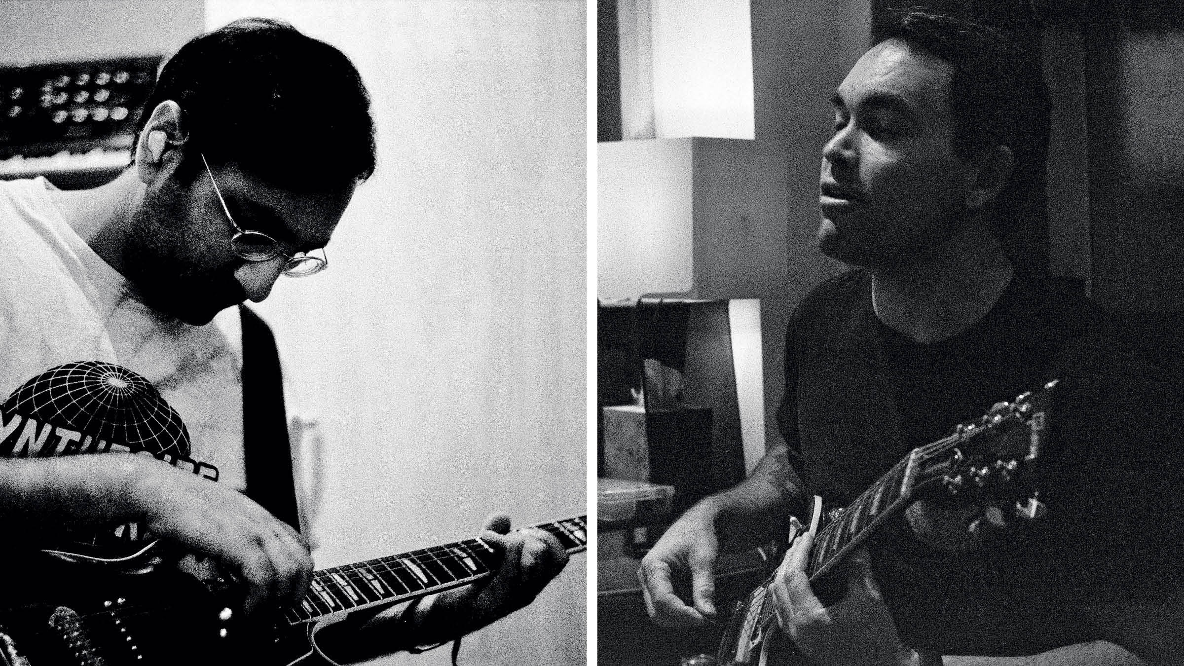 A black-and-white portrait of Deafheaven&#039;s Shiv Mehra [left] and Kerry McCoy playing guitar in close-up.
