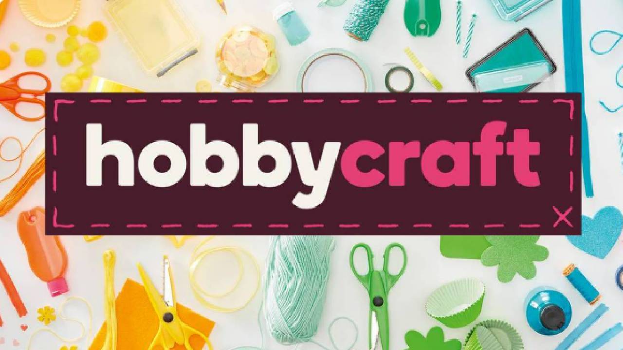 The Hobbycraft logo with a variety of rainbow coloured crafting essentials.