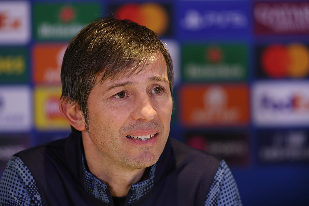 LONDON, ENGLAND - JANUARY 20: Albert Celades, Head Coach of Pafos FC, speaks to the media in a press conference at Stamford Bridge on January 20, 2026 in London, England. (Photo by Jasper Wax/Getty Images)