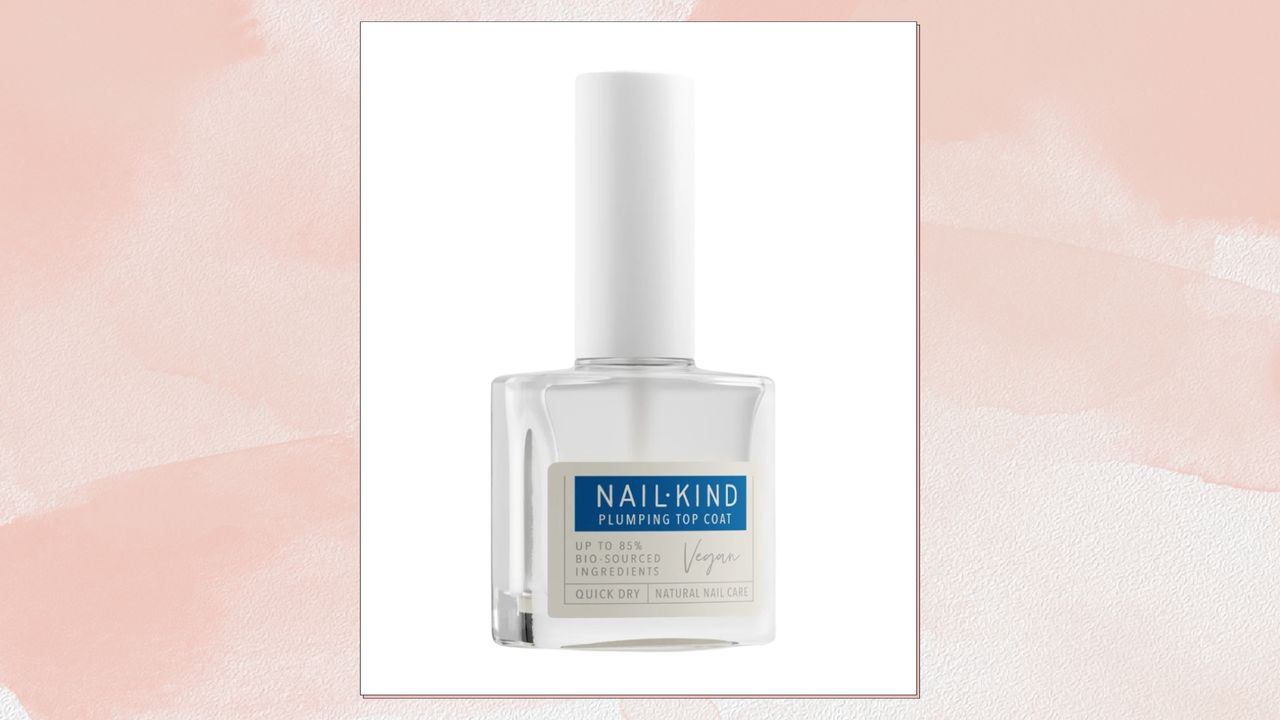 This NAILKIND Plumping Top Coat pictured in a pink watercolour paint-style template