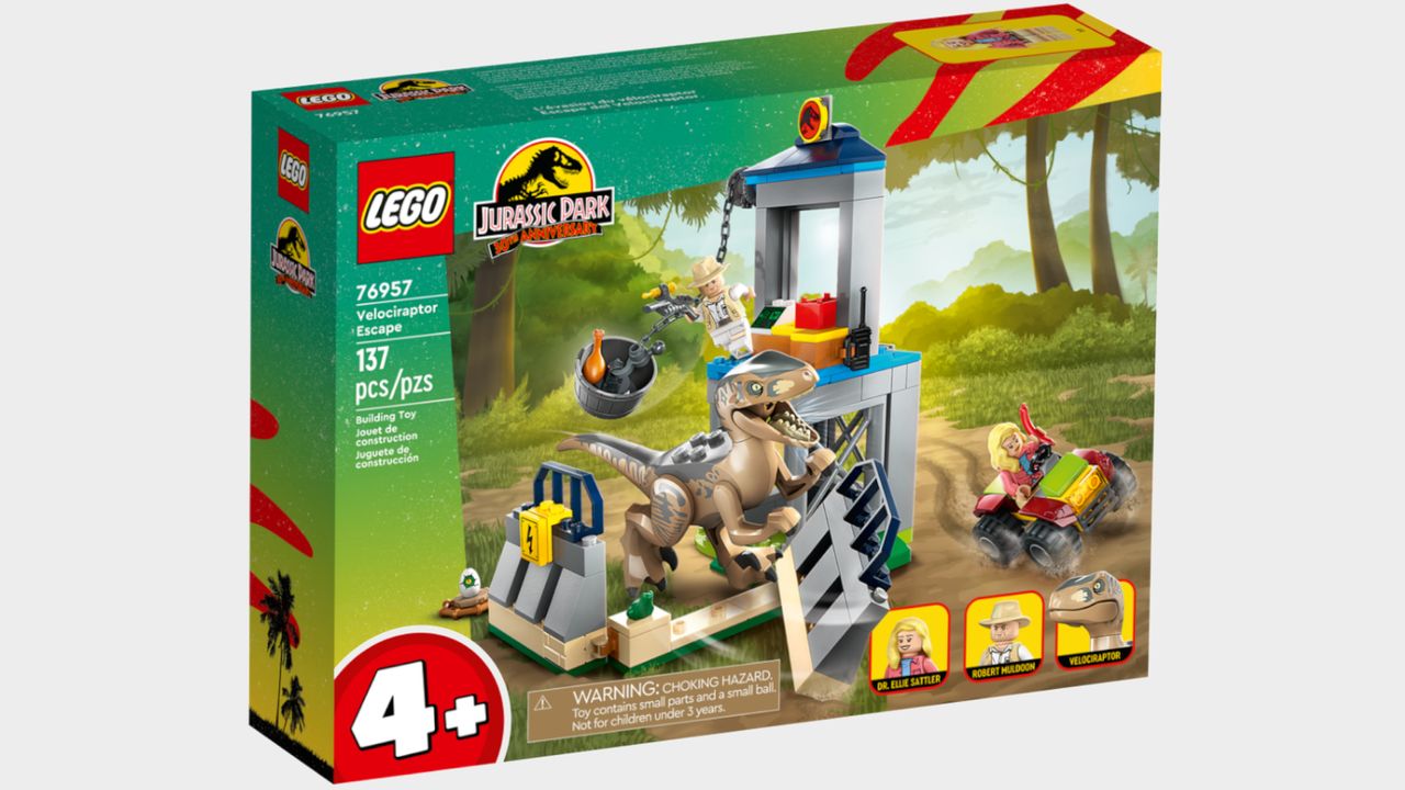 Lego Velociraptor Escape set on a plain background