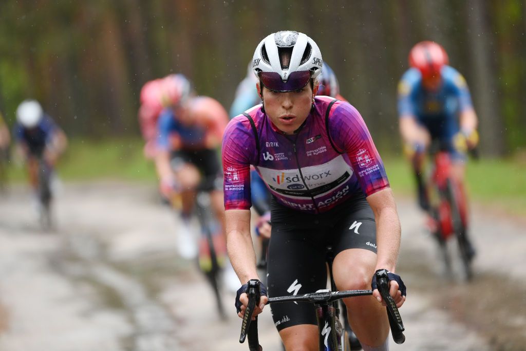 CANICOSA DE LA SIERRA SPAIN MAY 19 Demi Vollering of The Netherlands and Team SD Worx Protime Purple Leader Jersey attacks in the final climb during the 9th Vuelta a Burgos Feminas 2024 Stage 4 a 122km stage from Pearanda de Duero to Canicosa de la Sierra 1144m UCIWWT on May 19 2024 in Canicosa de la Sierra Spain Photo by Alex BroadwayGetty Images