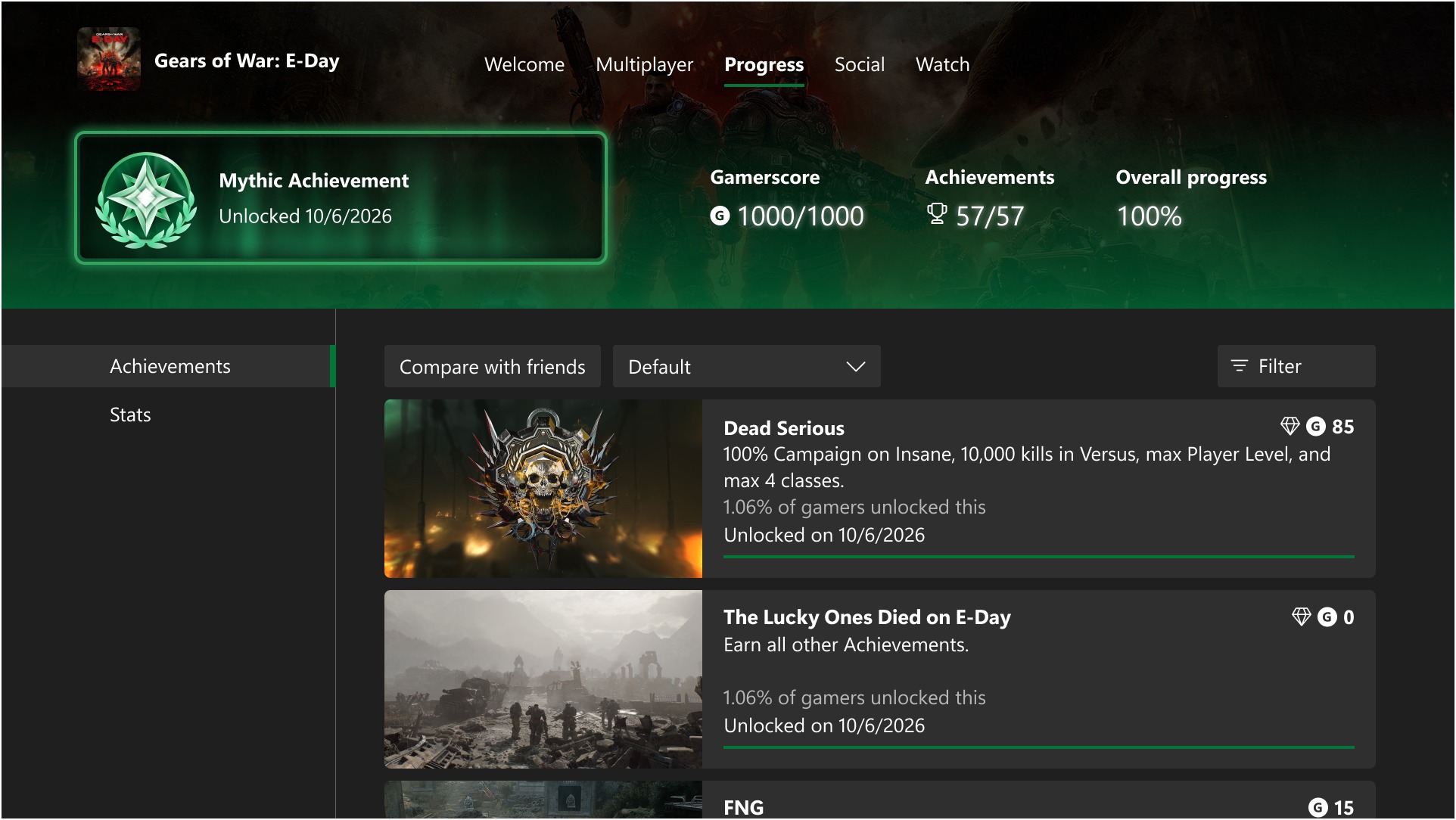 Xbox Gears of War: E-Day achievement screen shows a green Mythic Achievement unlock banner, 1000/1000 gamerscore, 57/57 achievements, and a list of completed challenges.