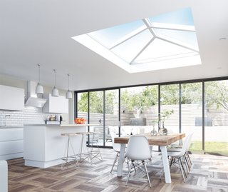 a kitchen with a roof lantern over the dining table