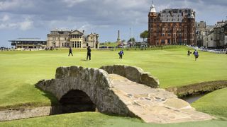 Swilcan Bridge with the R&A clubhouse in the background at The Old Course, St Andrews