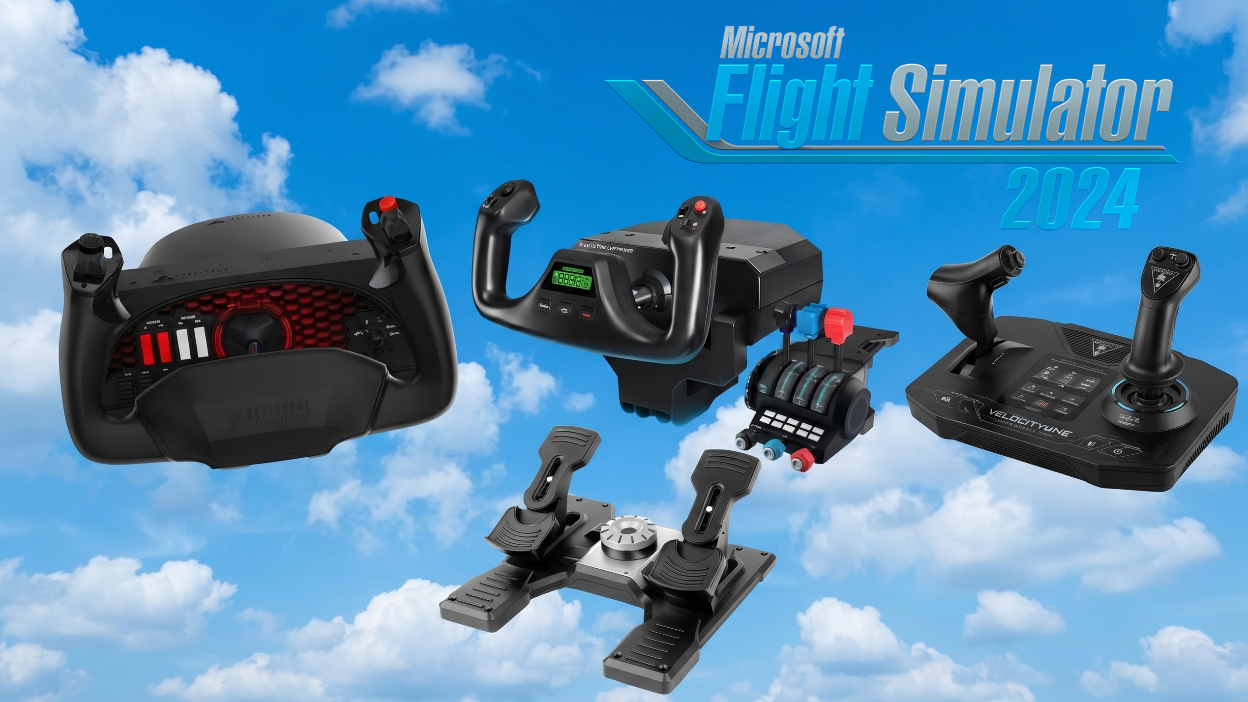 A collage of flight simulator controls from Honeycomb, Logitech and Turtle Beach on a blue cloudy sky background with the Microsoft Flight Simulator 2024 logo.