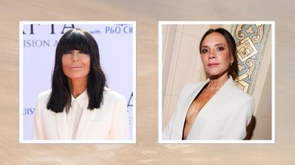 On the left, a close-up of Claudia Winkleman wearing a white blazer and shirt at the BAFTA Television Awards 2024 with P&amp;O Cruises at The Royal Festival Hall on May 12, 2024 in London, England. And on the Right, Victoria Beckham is also seen wearing a white blazer at the Business of Fashion BoF 500 Class of 2024 during Paris Fashion Week at Shangri-La Hotel Paris on September 28, 2024 in Paris, France/ in a beige and grey sunset-themed template