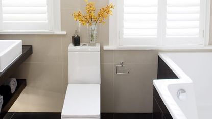 bathroom with grey tiled flooring and white windows