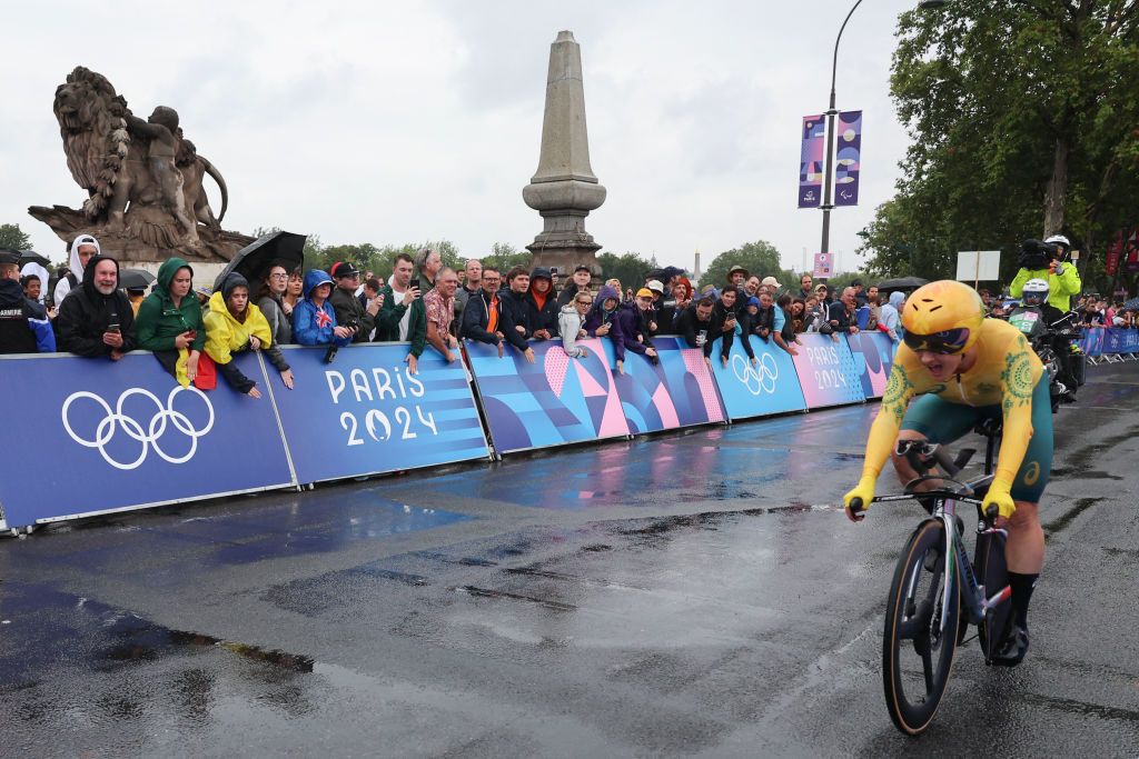 Australia's Grace Brown cycles as she competes in the women's road cycling individual time trial during the Paris 2024 Olympic Games in Paris, on July 27, 2024. (Photo by Emmanuel DUNAND / AFP)