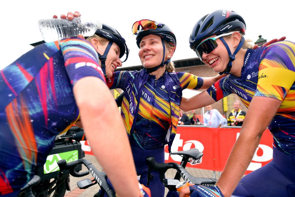 GALMAARDEN BELGIUM JUNE 24 Hannah Ludwig of Germany Alena Amialiusik of Belarus Ella Harris of Australia and Team CanyonSRAM Racing celebrate at arrival during the 9th Lotto Belgium Tour 2021 Stage 2 a 1375km stage from Galmaarden to Galmaarden LottoBelgTour LottoBelgiumTour on June 24 2021 in Galmaarden Belgium Photo by Luc ClaessenGetty Images