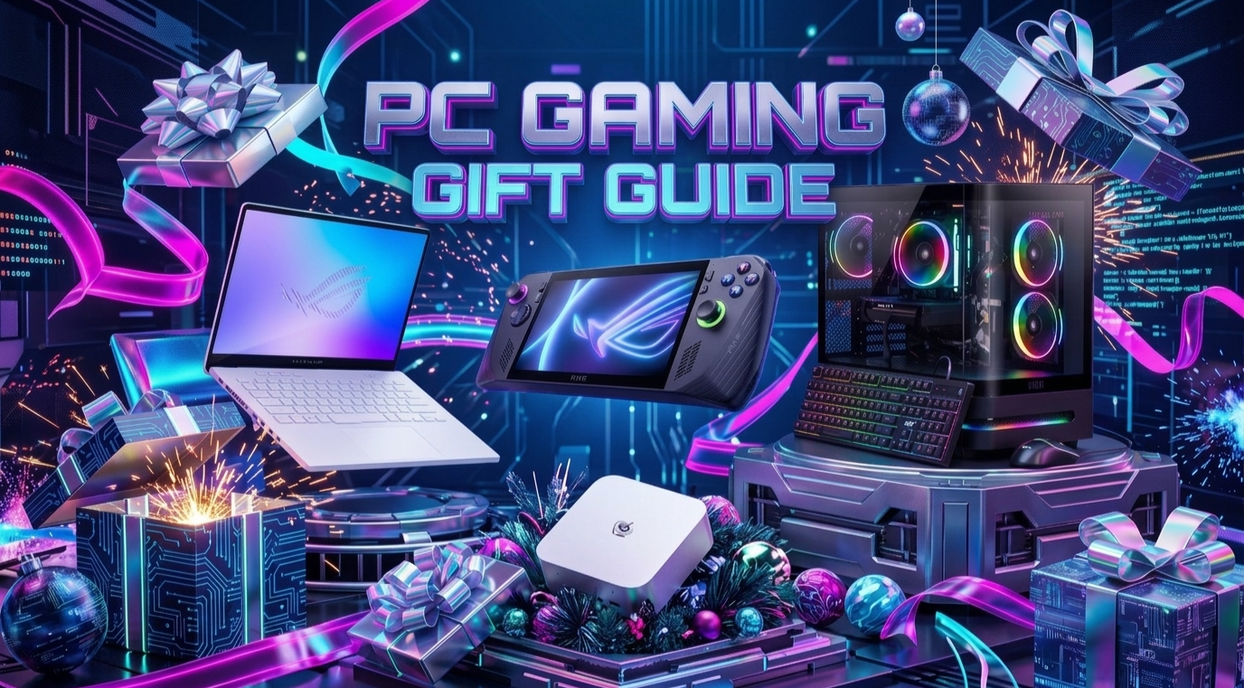 Neon &ldquo;PC Gaming Gift Guide&rdquo; graphic surrounded by a laptop, gaming handheld, RGB desktop PC, keyboard, and wrapped gifts; festive, high-tech mood.