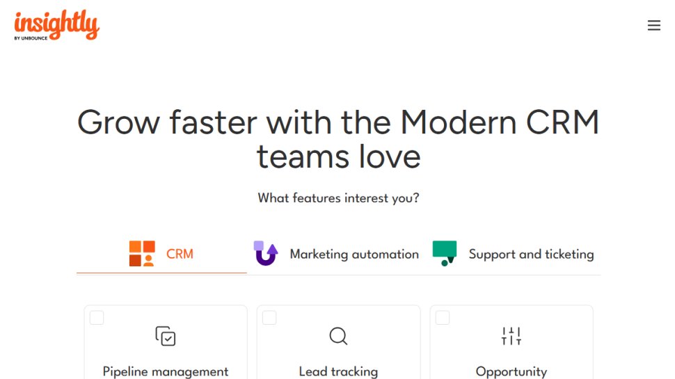 Insightly CRM website screenshot (May 2025).