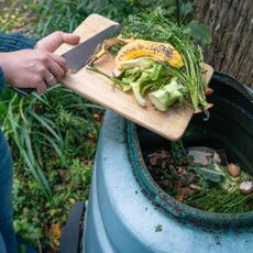 Hands using a knife to scrape kitchen scraps off a cutting board into a composter