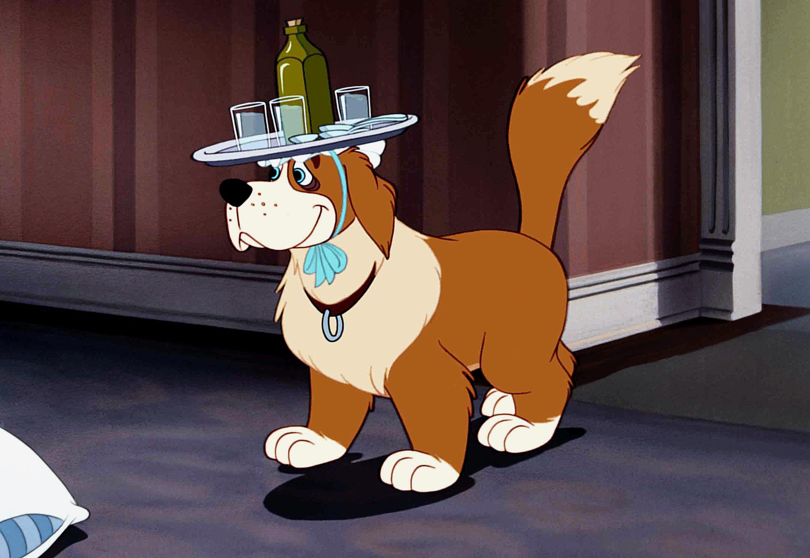 An animated St Bernard character balances a tray with bottles and glasses on its head inside a house scene from the 1953 film Peter Pan.