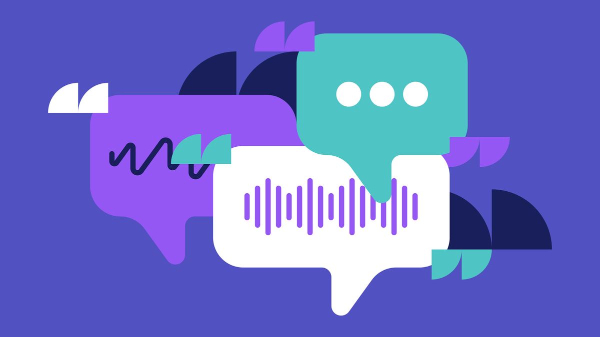 A cartoon graphic of multiple speech bubbles and quote marks overlapping each other, to represent AI copilots and chatbots. Decorative: the graphics are in white, purple, and green against a dark blue background.