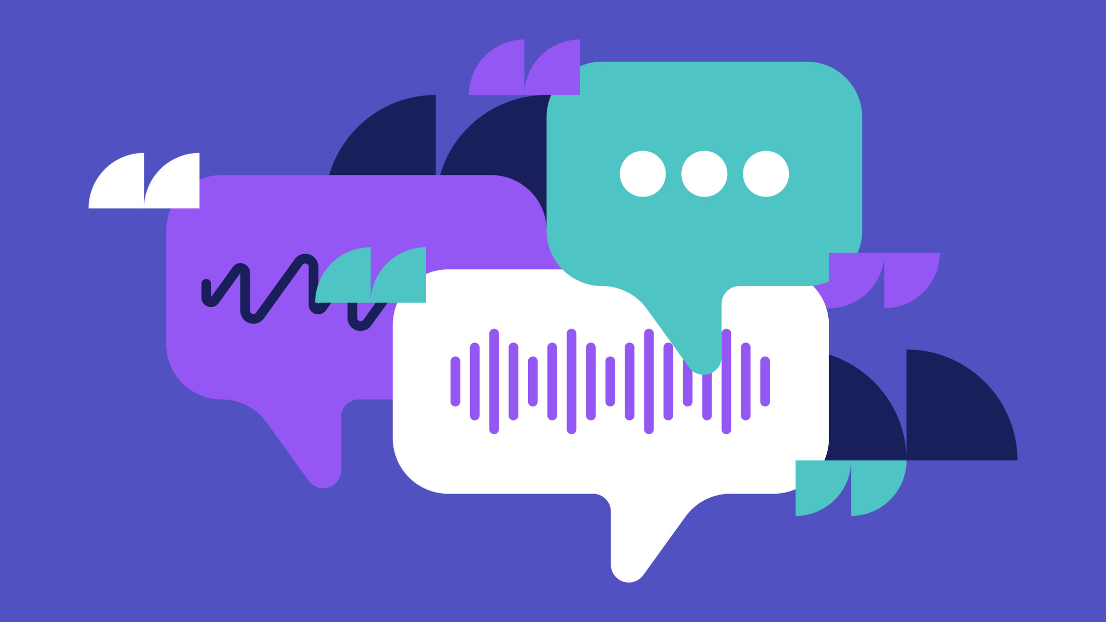 A cartoon graphic of multiple speech bubbles and quote marks overlapping each other, to represent AI copilots and chatbots. Decorative: the graphics are in white, purple, and green against a dark blue background.