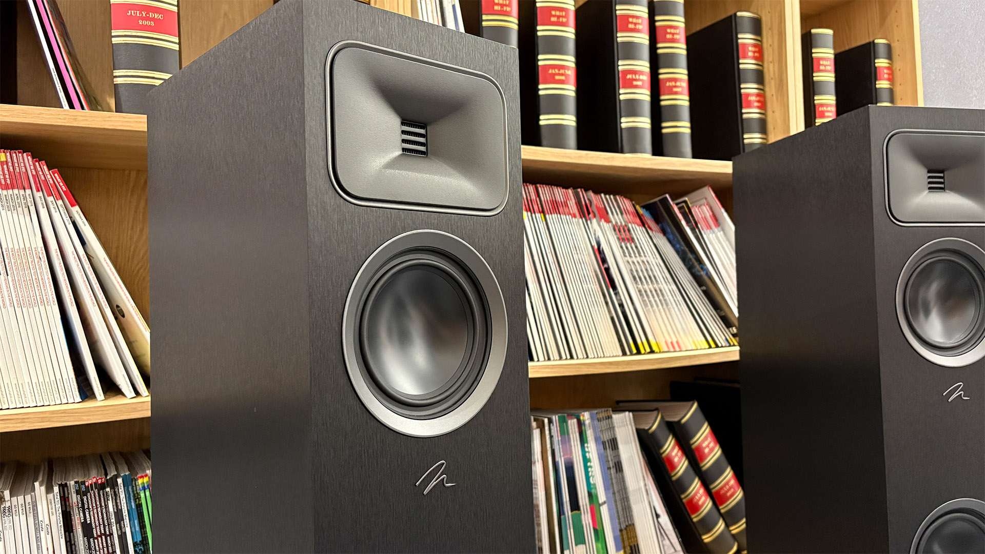 Martin Logan Motion Foundation F1 floorstanding speakers in front of bookcase, top of cabinets