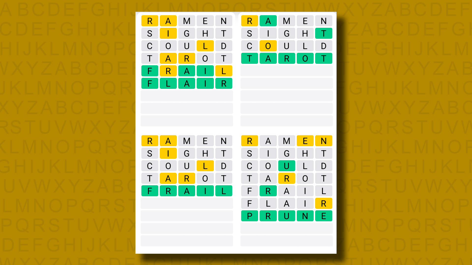 Quordle answers for game 1313 on a yellow background