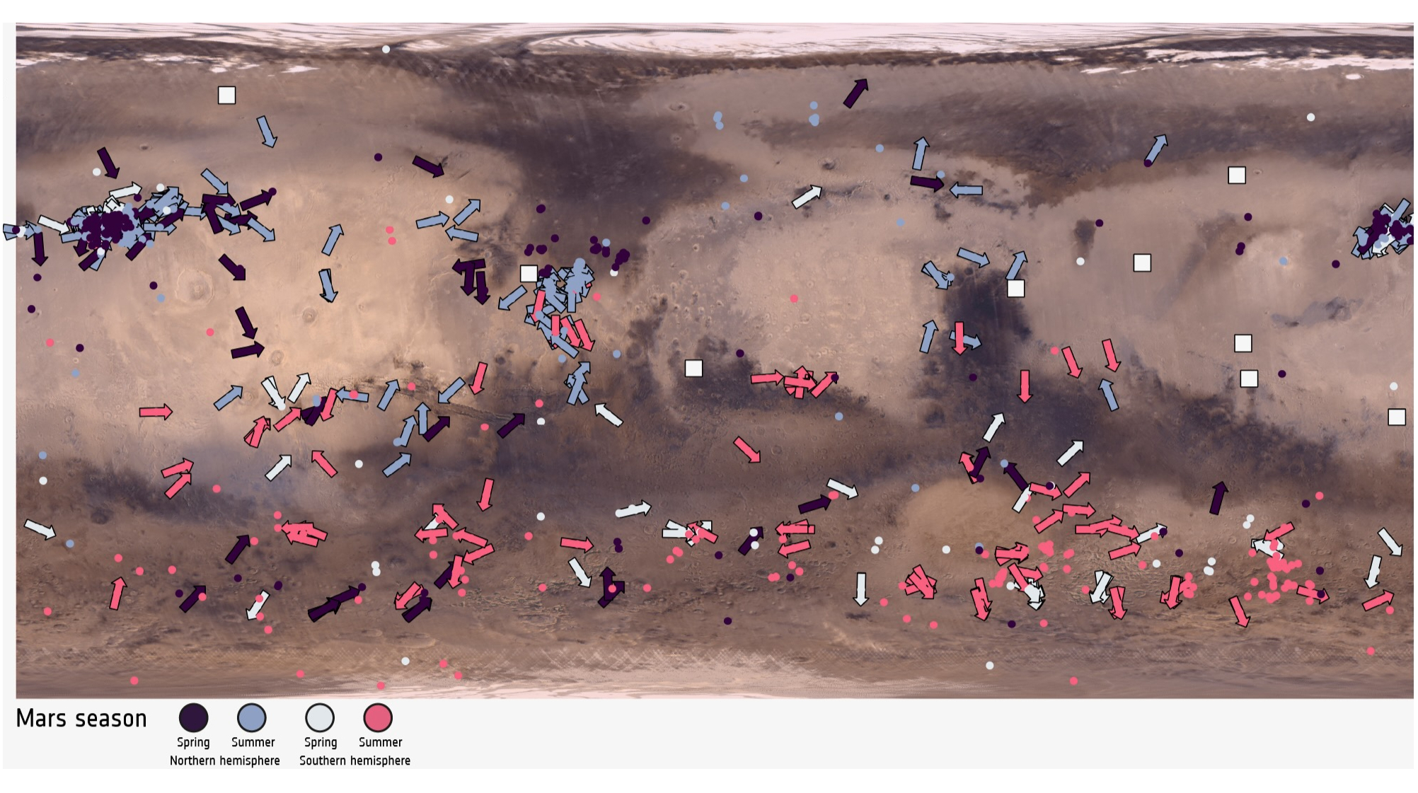 a map of mars showing 1,000 dust devils, which are represented by pink, white, blue or black dots