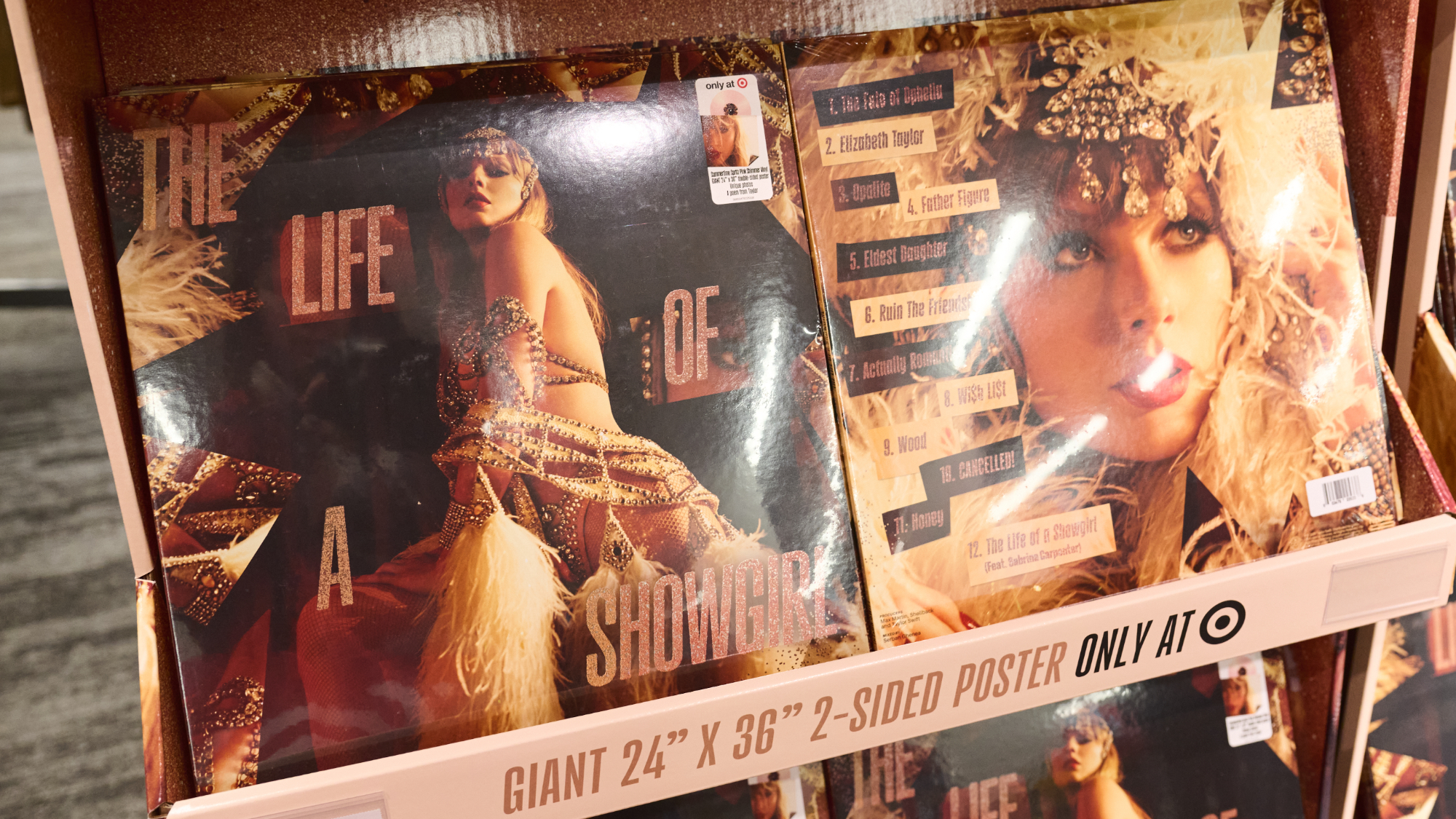 A display with exclusive edition vinyl's for Taylor Swift's new album, Life of a Showgirl