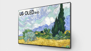 The side view of the LG G1 OLED TV, showing Van Gough's painting on the screen.