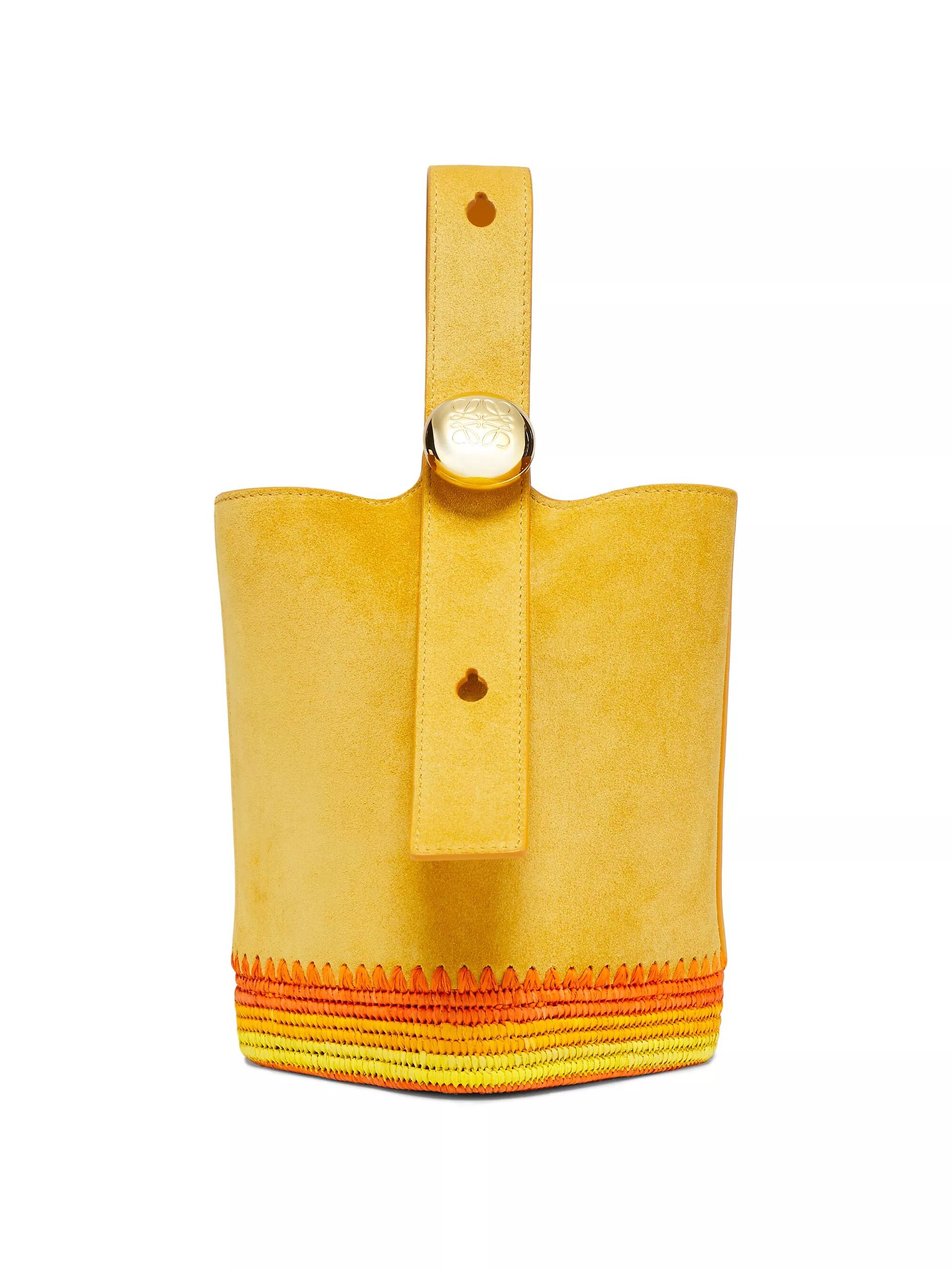 Loewe X Paula's Ibiza Mini Pebble Suede & Raffia Bucket Bag