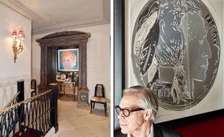 Left: Warhol’s Marilyn, 1967, located on the landing. Right: Hilfiger with Warhol’s Indian Head Nickel, 1986