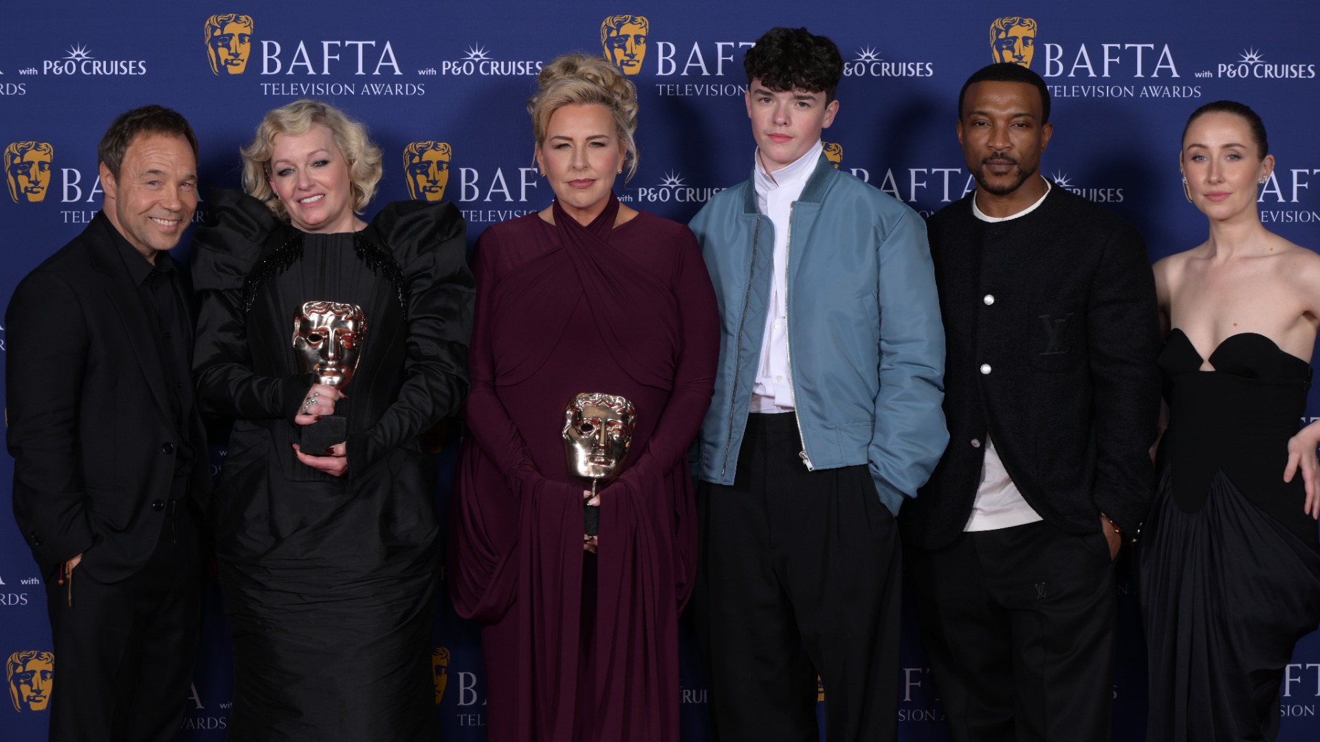 Stephen Graham, Christine Tremarco, Hannah Walters, Owen Cooper, Ashley Walters and Erin Doherty at the 2026 BAFTA TV awards