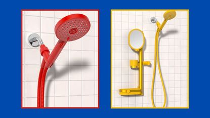 sproos! shower head in red and yellow on a blue background