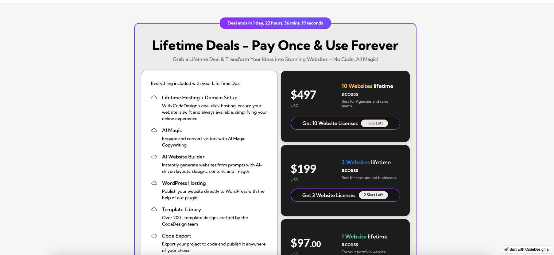 screenshot of codedesign pricing