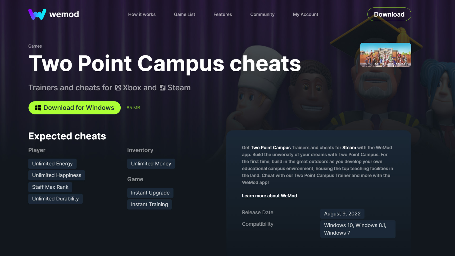 Two Point Campus cheats wemod page
