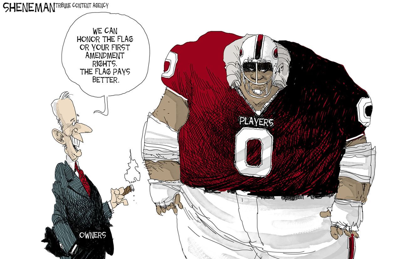 Political cartoon U.S. NFL kneeling flag owners first amendment