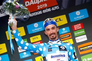 Julian Alaphilippe in the Dauphine's polka dot jersey