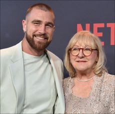 Travis Kelce and his mom Donna Kelce arrive for the premiere of Netflix's docuseries "Quarterback" at the Tudum Theatre in Los Angeles, on July 11, 2023.