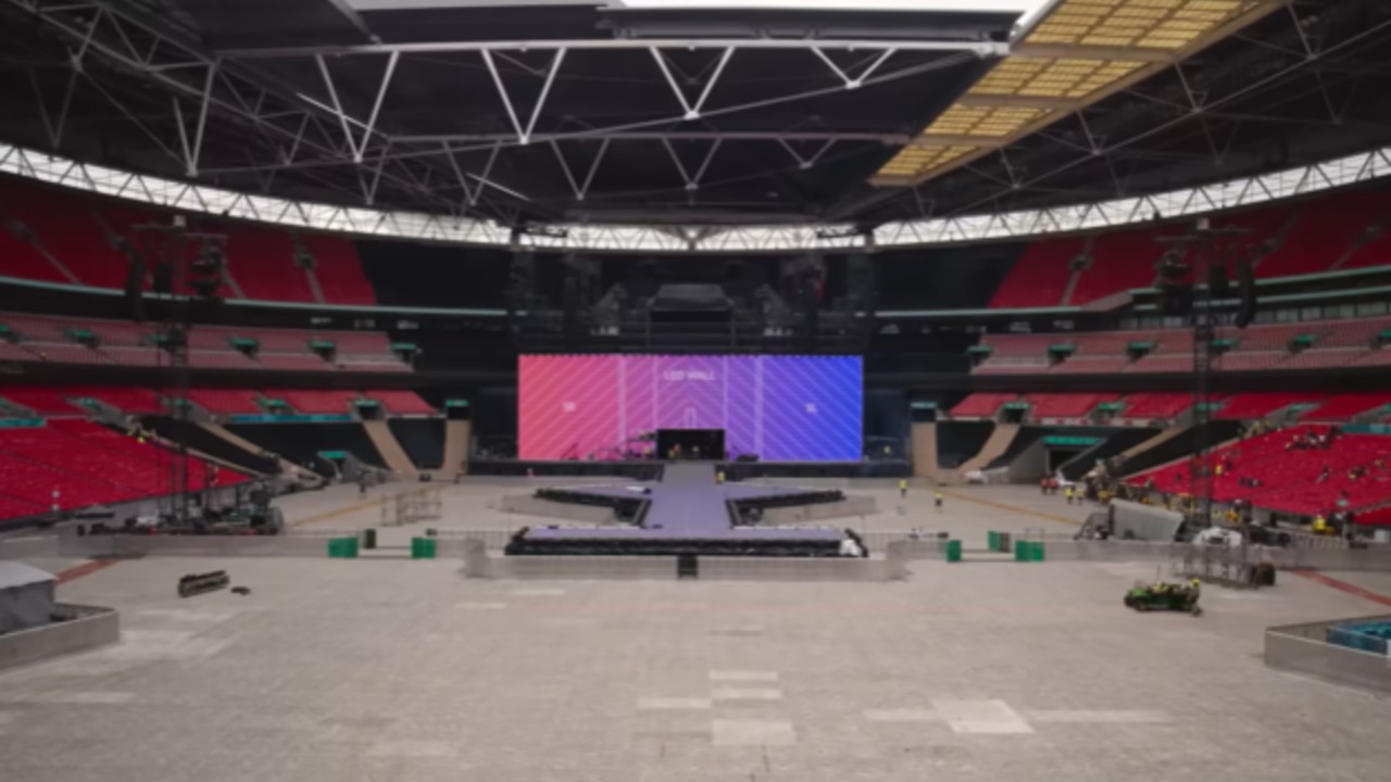 Taylor Swift&#039;s Eras Tour stage being constructed.