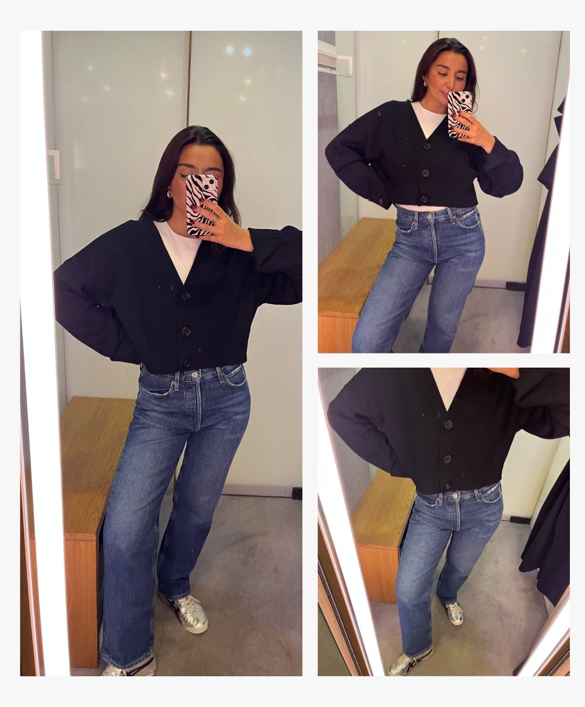 Senior Shopping Editor Marina Avraam wearing Agolde's straight-leg jeans with a black caridgan.