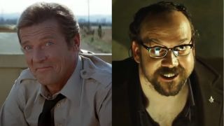 Roger Moore smirking in Octopussy and Paul Giamatti smiling with menace in Shoot 'em Up, pictured side-by-side.