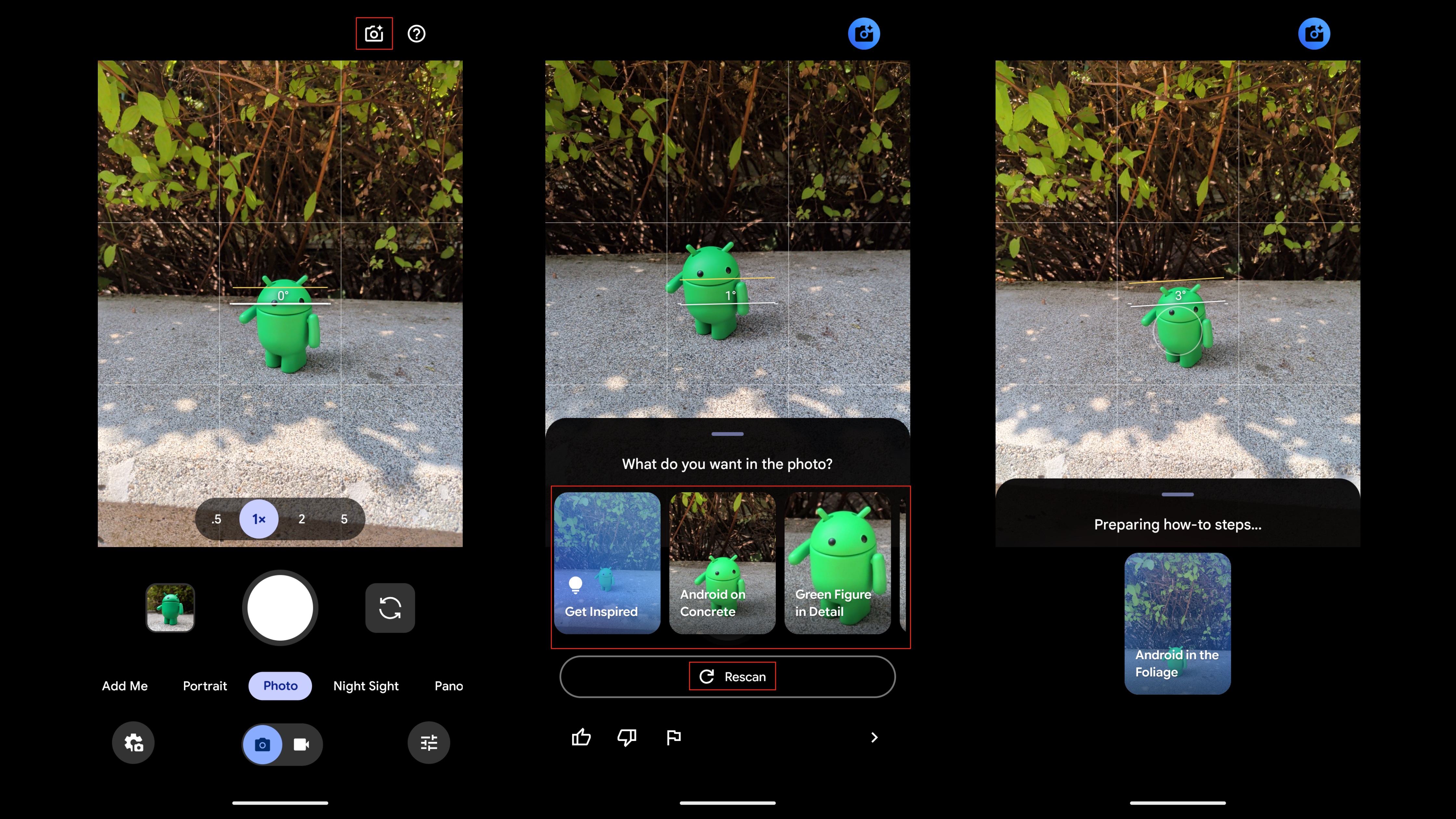 The Camera Coach feature steps in Google Pixel 10 screenshots.