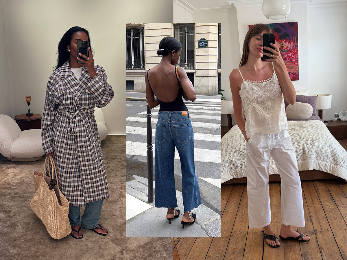 On the left a woman wearing a plaid trench coat, straw bag, and jeans. In the middle, a woman wearing a backless black top and jeans. On the right, a woman wearing a white lace top, white tie-waist trousers, and black strappy sandals.