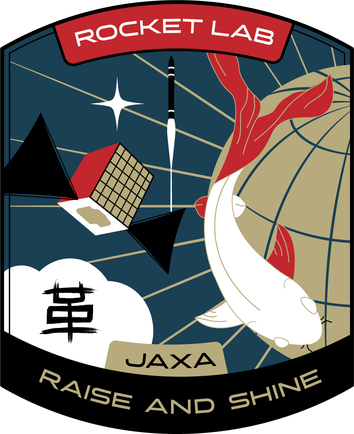 A flat-sided patch shows a koi fish, gridded cube and globe with rays emanating, with one black rocket launching in the center background.