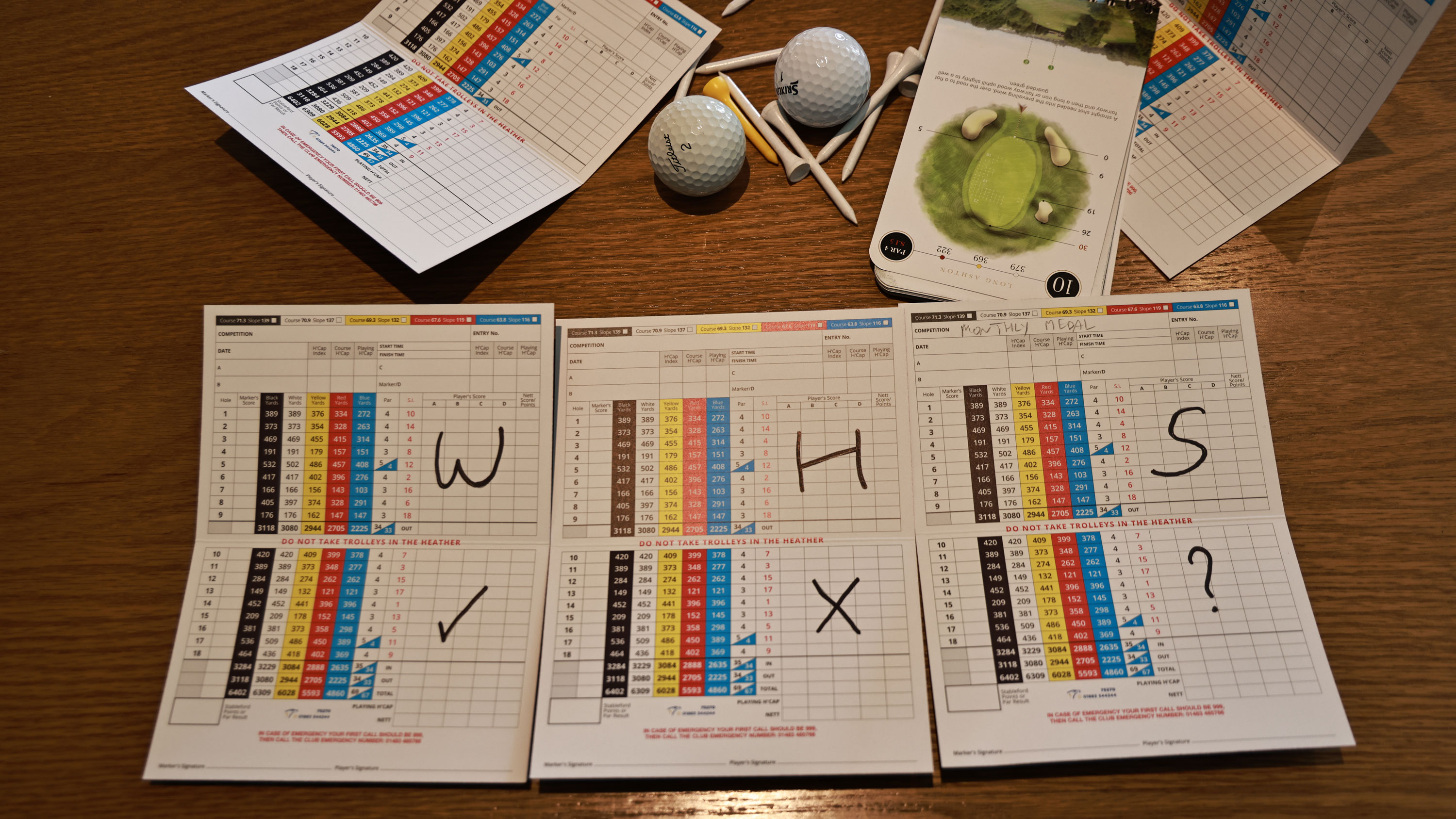 scorecards, pencils, tees and golf balls laid out on the table 